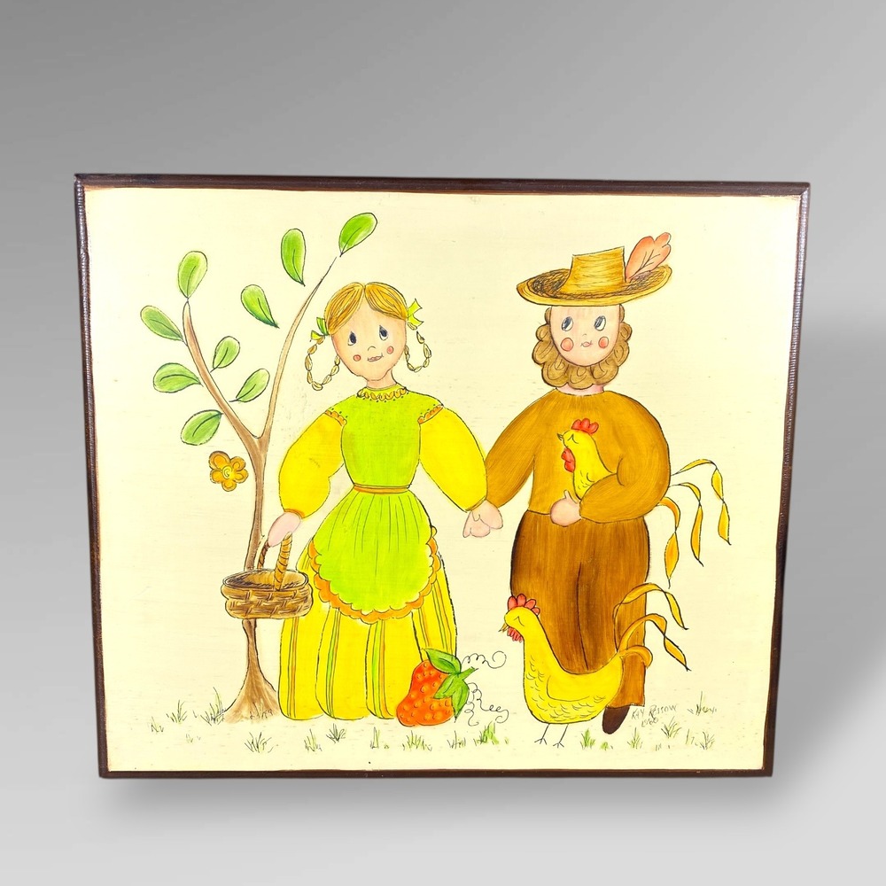 Folk Art Painting 1980 Country Couple with Chickens Local Artist Vintage